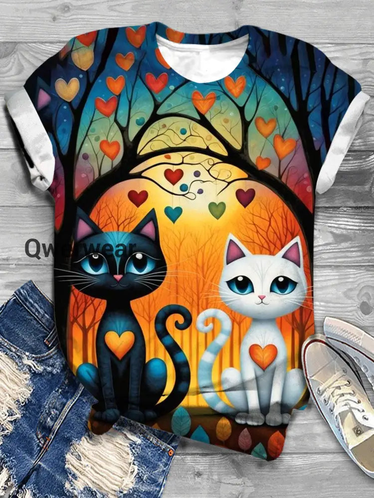 Lover Cat Print Short Sleeve Crew Neck T-Shirt multicolor / S Women\’s Tops