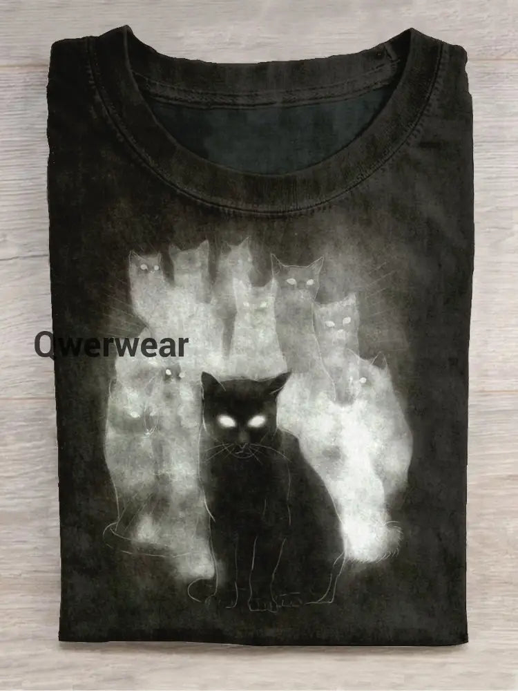 Magic Black Cat Art Shirt Printed Round Neck Short Sleeve Casual T-Shirt Black / S