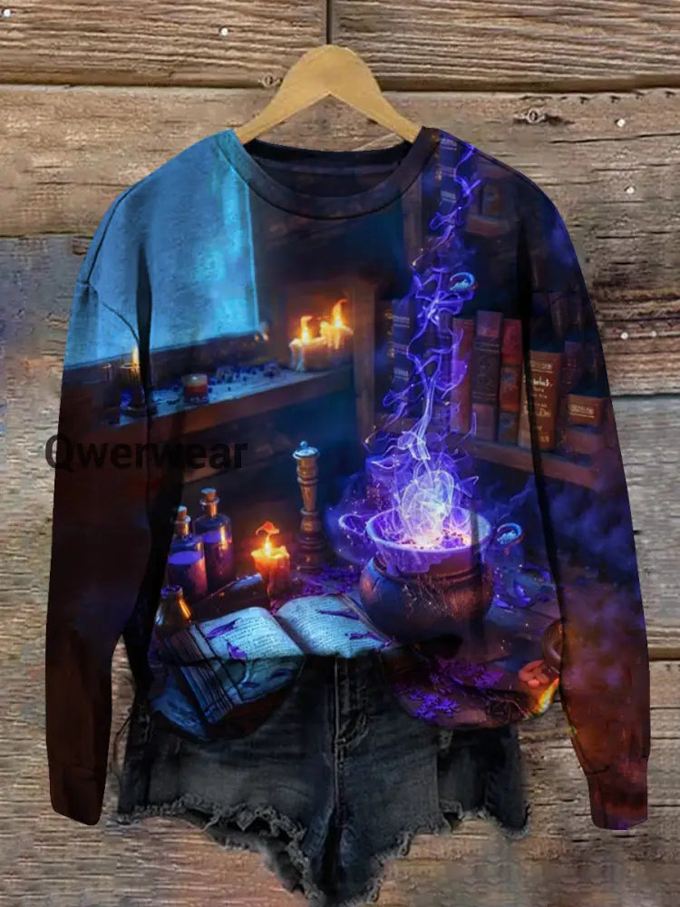 Magic Book Witch Art Print Unisex Crew Neck Long Sleeve Casual Sweatshirt Black-Purple / S