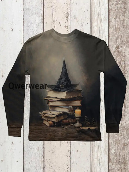 Magic Book Witch Art Print Unisex Round Neck Long Sleeve Casual T-Shirt Black-Brown / S