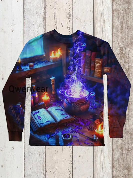 Magic Book Witch Art Print Unisex Round Neck Long Sleeve Casual T-Shirt Black-Purple / S