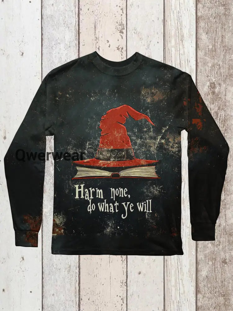 Magic Book Witch Art Print Unisex Round Neck Long Sleeve Casual T-Shirt Black / S