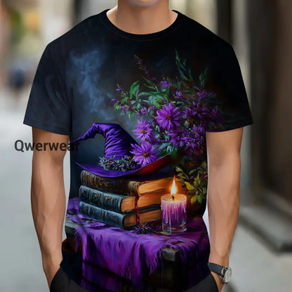 Magic Book Witch Art Print Unisex Round Neck Short Sleeve Casual T-Shirt