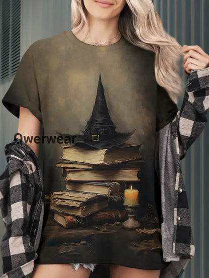 Magic Book Witch Art Print Unisex Round Neck Short Sleeve Casual T-Shirt
