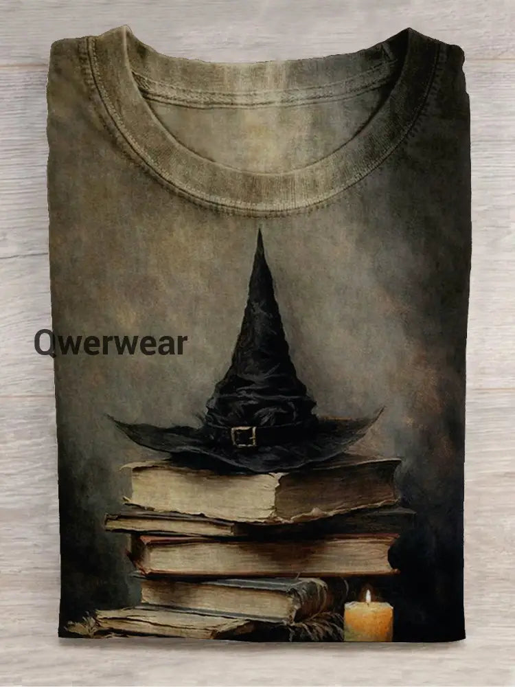 Magic Book Witch Art Print Unisex Round Neck Short Sleeve Casual T-Shirt Black-Brown / S