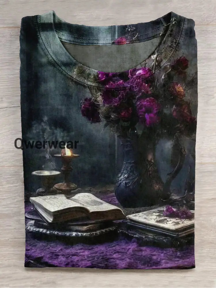 Magic Book Witch Art Print Unisex Round Neck Short Sleeve Casual T-Shirt Black-Purple / S