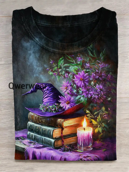 Magic Book Witch Art Print Unisex Round Neck Short Sleeve Casual T-Shirt Black-Purple / S