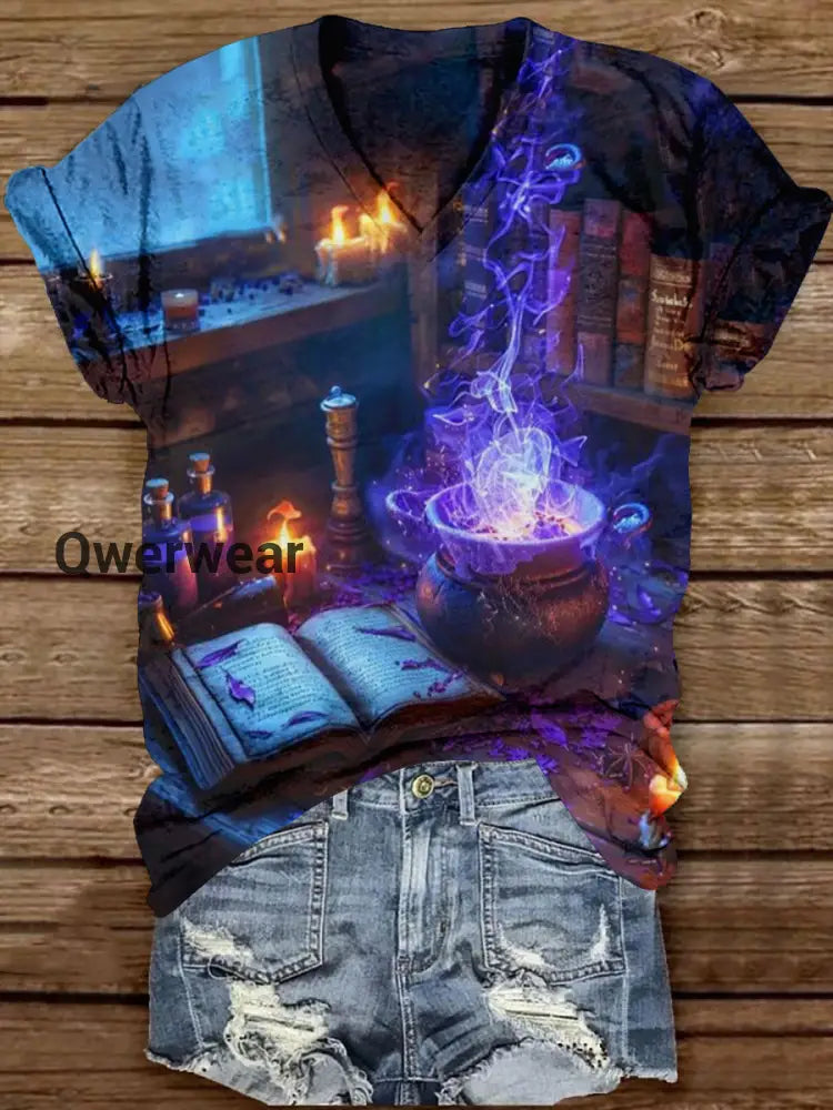 Magic Book Witch Art Print Unisex V-Neck Short Sleeve Casual T-Shirt Black-Purple / S