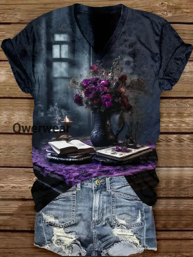 Magic Book Witch Art Print Unisex V-neck Short Sleeve Casual T-shirt Black-Purple / S