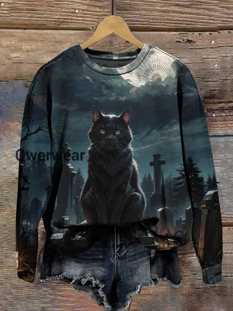 Magic Cat Magic Book Art Shirt Printed Round Neck Short Sleeve Casual Sweatshirt Black / S