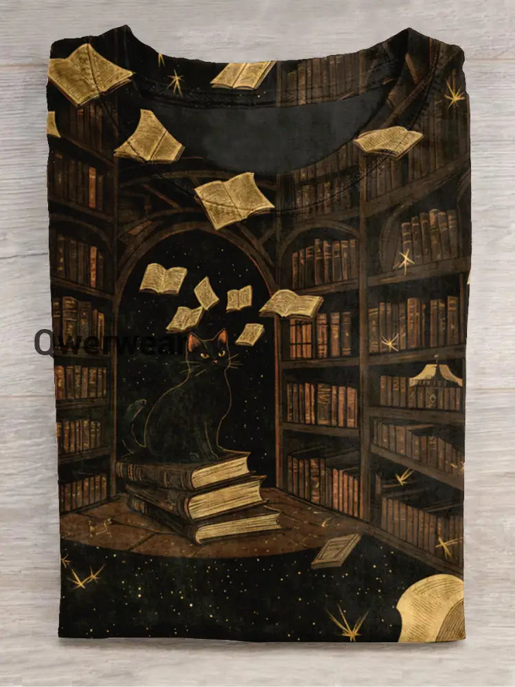 Magic Cat Magic Book Art Shirt Printed Round Neck Short Sleeve Casual T Black-Brown / S