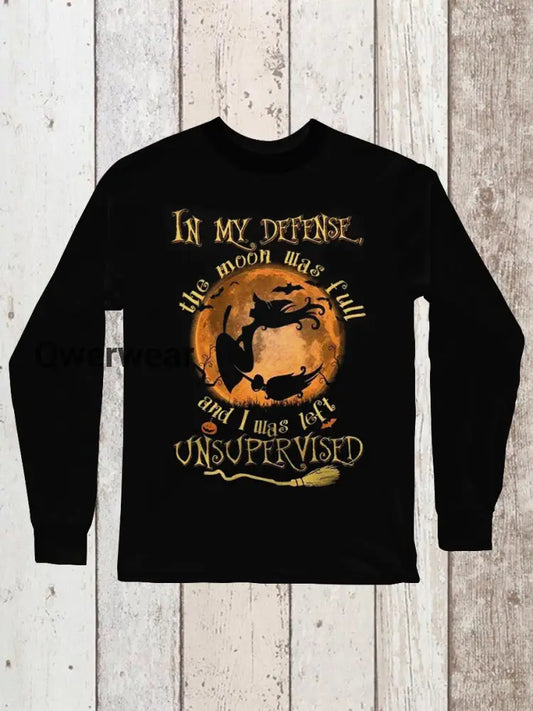 Magic Witch Art Print Round Neck Long Sleeve Casual T-Shirt Black / S