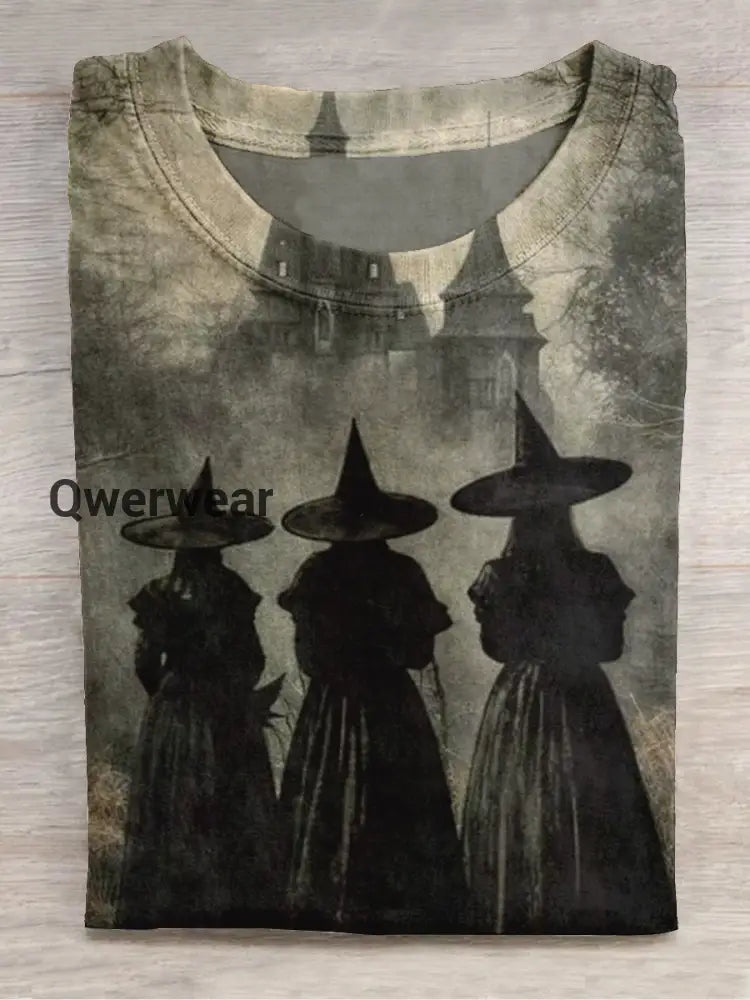 Magic Witch Art Shirt Printed Round Neck Short Sleeve Casual T-shirt Black / S