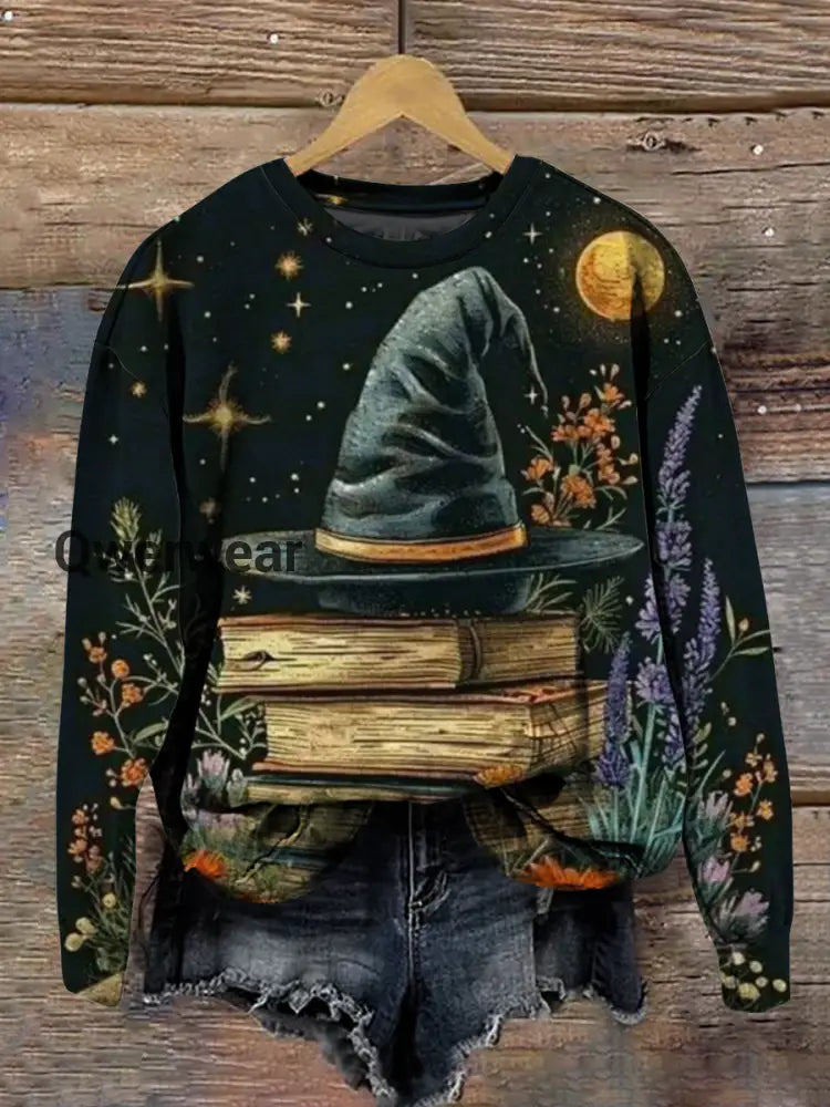 Magic Witch Magic Hat Art Print Round Neck Long Sleeve Casual Sweatshirt Black / S