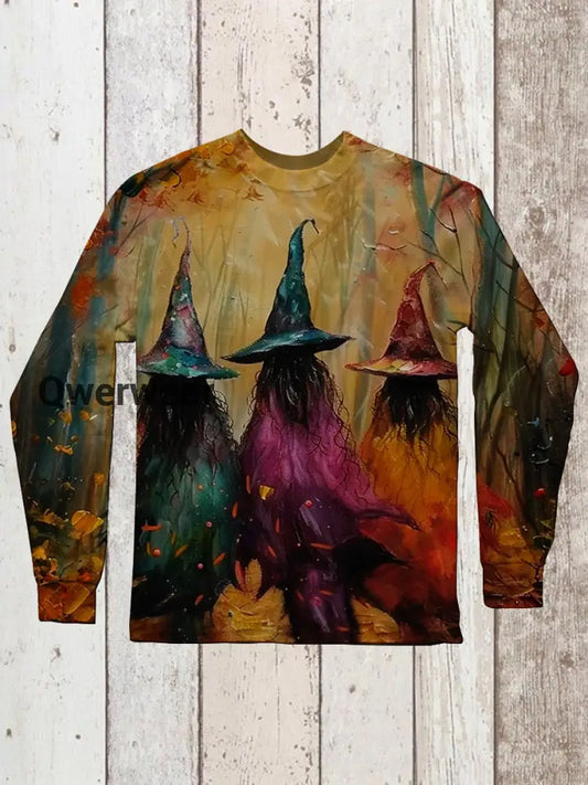 Magic Witch Magic Hat Art Print Round Neck Long Sleeve Casual T-Shirt Orange / S