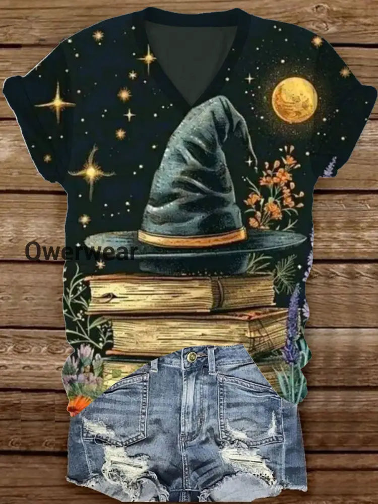 Magic Witch Magic Hat Art Print V-neck Short Sleeve Casual T-Shirt Black / S