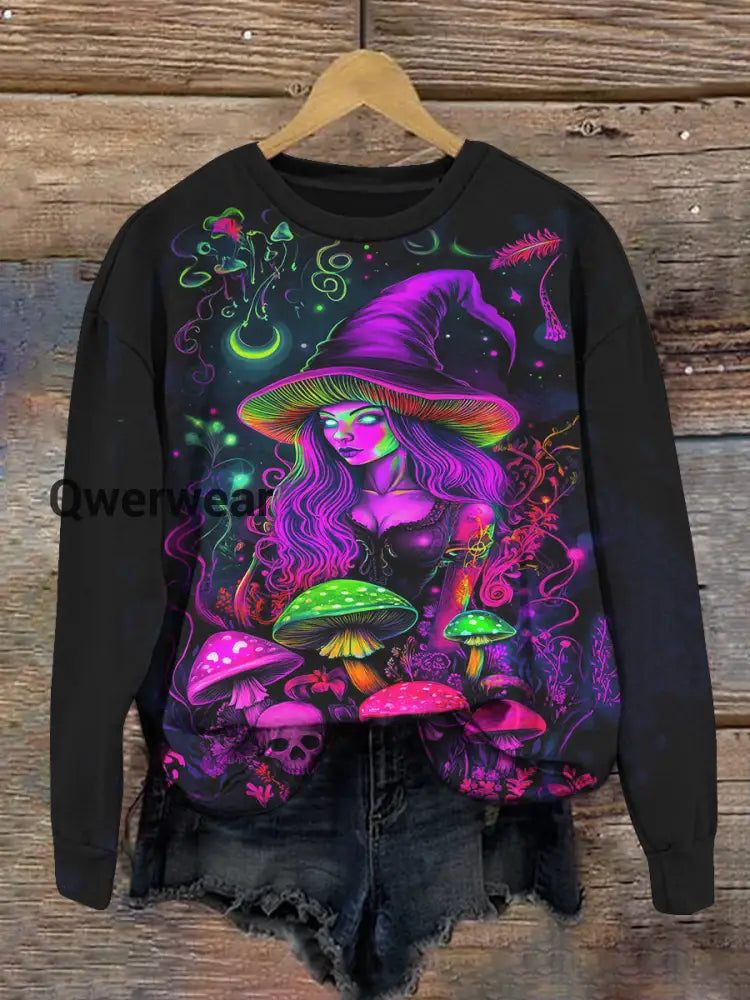 Magic Witch Poison Mushroom Art Print Unisex Crew Neck Long Sleeve Casual Sweatshirt Black / S