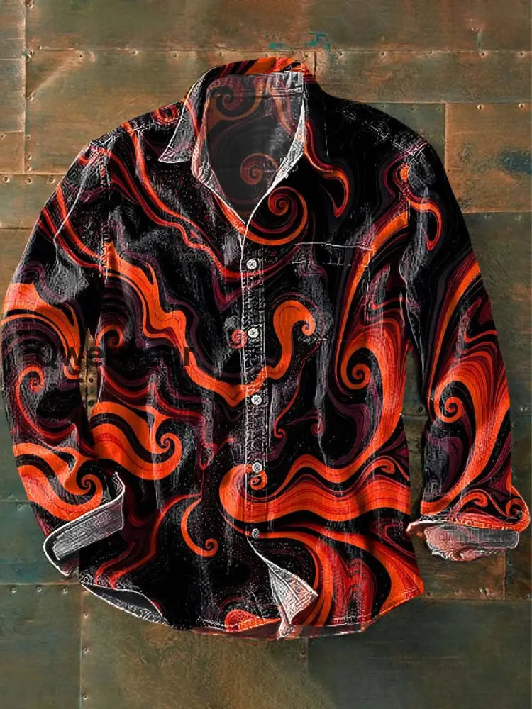 Men’s Abstract Quicksand Print Casual Lapel Long Sleeve Shirt As picture / S