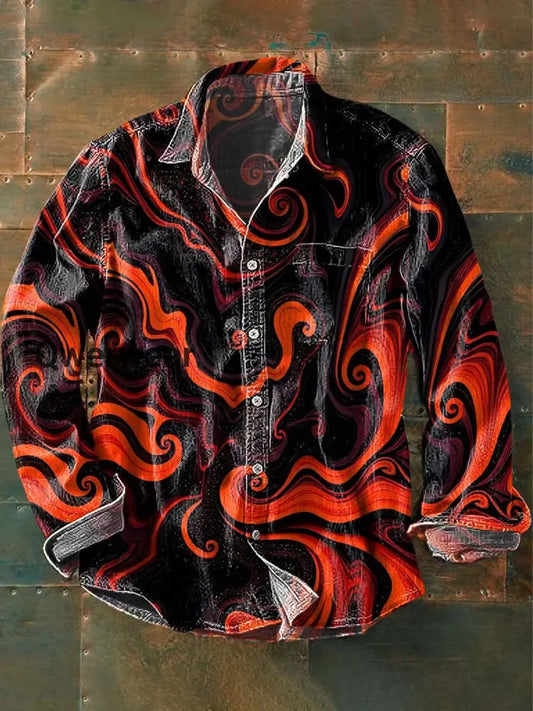 Men’s Abstract Quicksand Print Casual Lapel Long Sleeve Shirt As picture / S