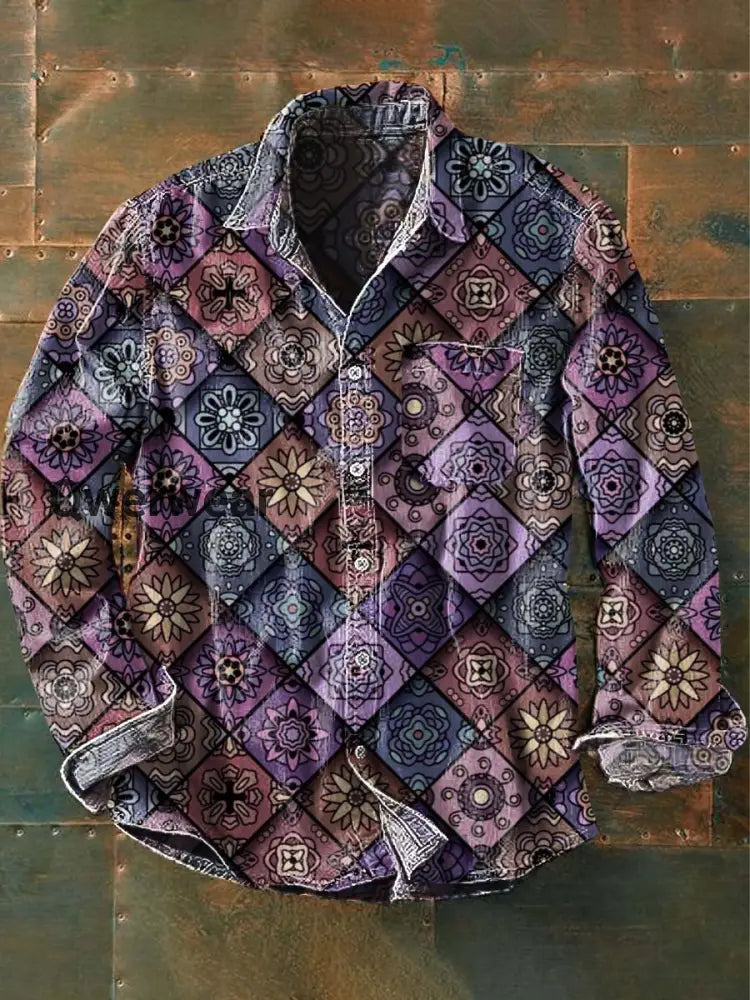 Men’s Abstract Vintage Plaid Printed Casual Lapel Long Sleeve Shirt As picture / S