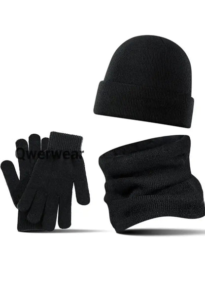Men’s Casual Warm Hat Scarf Gloves And Velvet Knitted Three-Piece Set