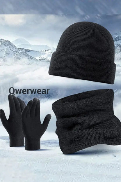 Men’s Casual Warm Hat Scarf Gloves And Velvet Knitted Three-Piece Set Black