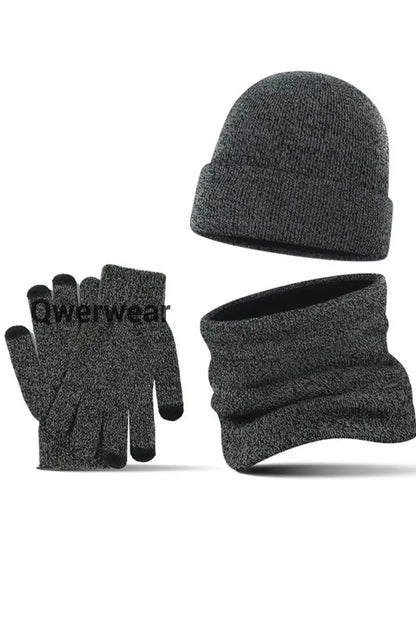 Men’s Casual Warm Hat Scarf Gloves And Velvet Knitted Three-Piece Set Dark Gray