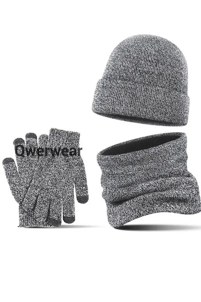 Men’s Casual Warm Hat Scarf Gloves And Velvet Knitted Three-Piece Set Light Gray