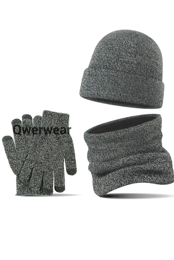 Men’s Casual Warm Hat Scarf Gloves And Velvet Knitted Three-Piece Set Medium Gray