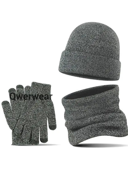 Men’s Casual Warm Hat Scarf Gloves And Velvet Knitted Three-Piece Set Medium Gray