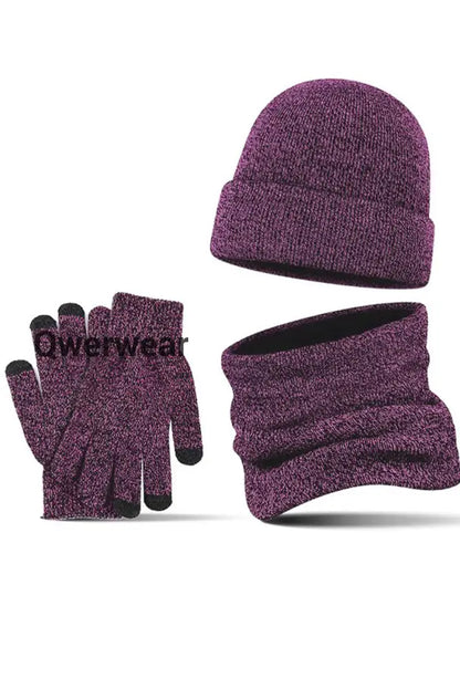 Men’s Casual Warm Hat Scarf Gloves And Velvet Knitted Three-Piece Set Rose purple