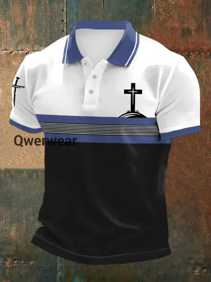 Men’s Cross Faith Stripes Print Casual Polo Blue / S