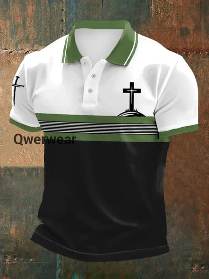 Men’s Cross Faith Stripes Print Casual Polo Green / S