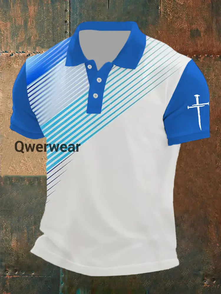Men’s Faith Cross Printed Short Sleeve Polo Shirt Blue / S