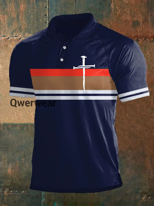 Men’s Faith Cross Printed Short Sleeve Polo Shirt Navy Blue / S