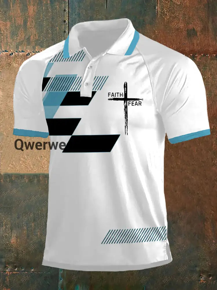 Men’s Faith Over Fear Geometric Print Casual Polo Blue / S