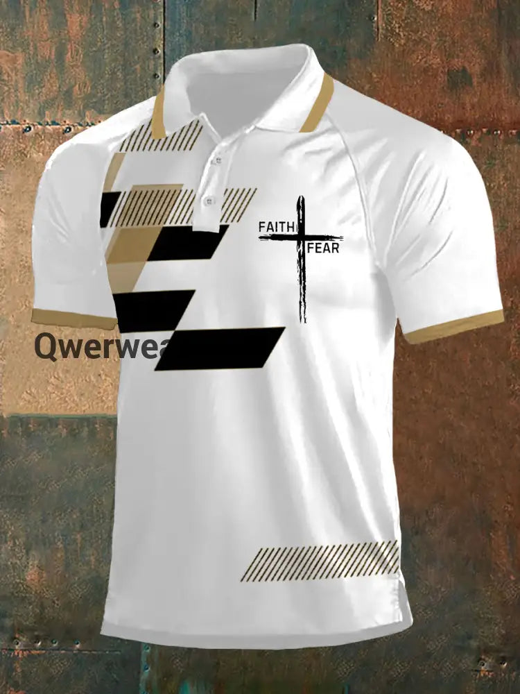 Men’s Faith Over Fear Geometric Print Casual Polo Khaki / S