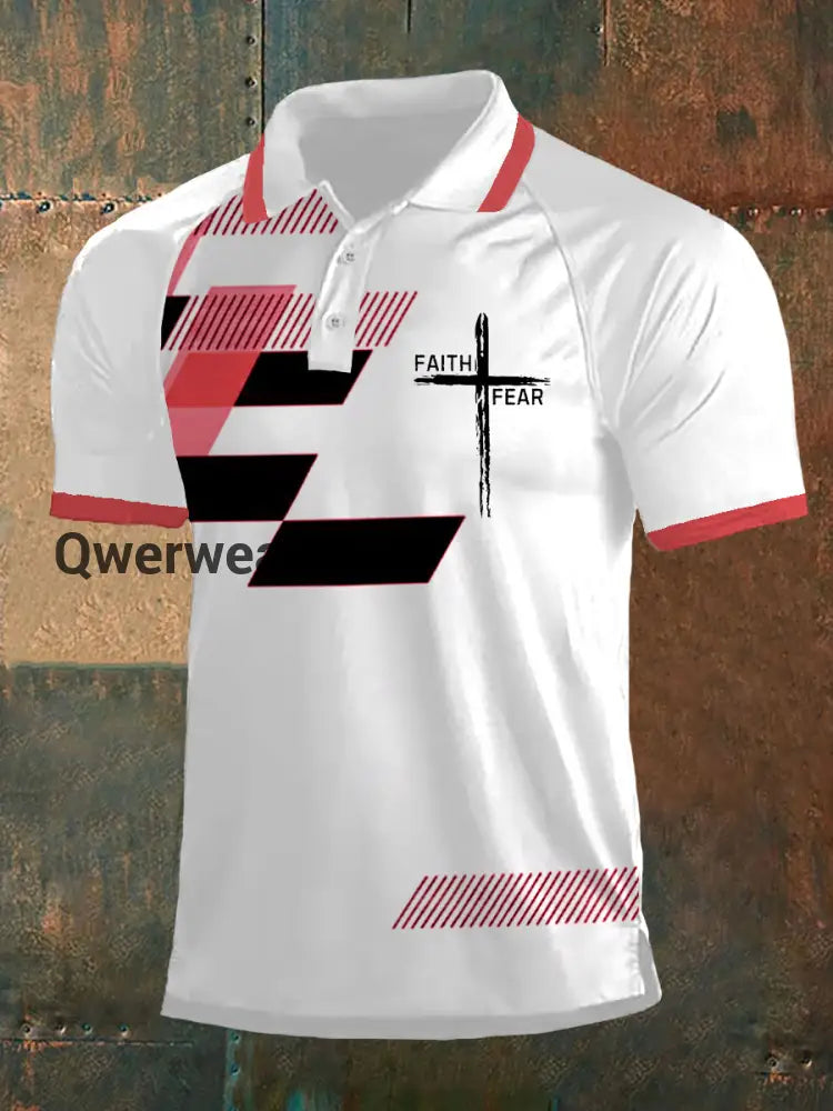 Men’s Faith Over Fear Geometric Print Casual Polo Red / S