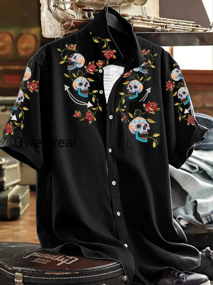 Men’s Mexican Fiesta Cinco De Mayo Skull Floral Art Printed Shirt Black / S