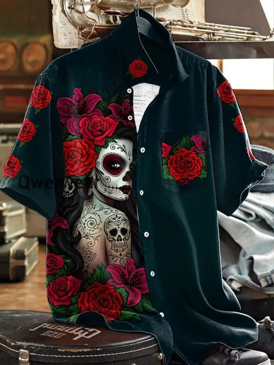 Men’s Mexican Fiesta Cinco De Mayo Skull Floral Art Printed Shirt Black / S