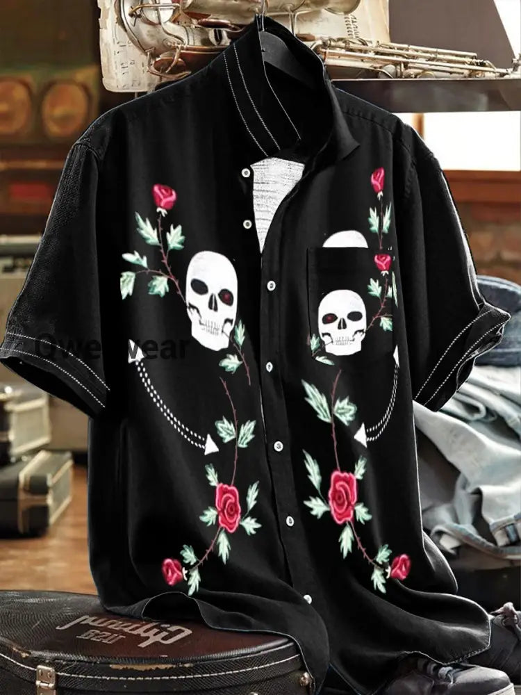 Men’s Mexican Fiesta Cinco De Mayo Skull Floral Art Printed Shirt Black / S