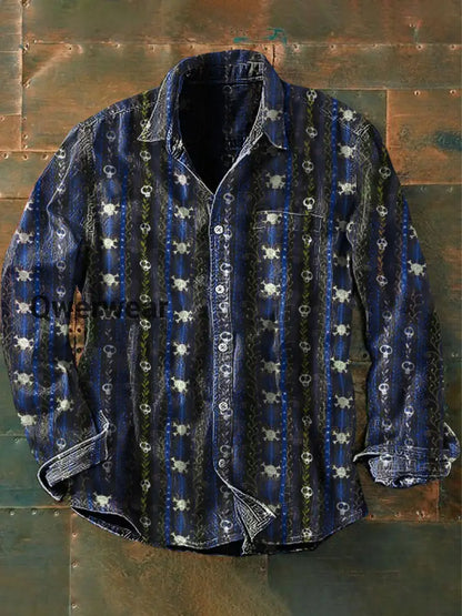 Men’s Outdoor Vintage Punk Gothic Death Vine Skull Pattern Casual Cotton Long Sleeve Shirt Blue / S