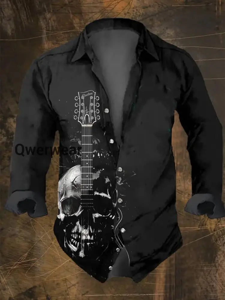 Men’s Punk Art Print V-Neck Long Sleeve Button Shirt Top Black / S Mens shirts