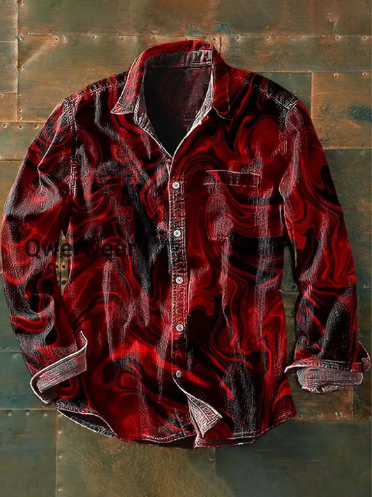 Men’s Red Quicksand Print Abstract Casual Long Sleeve Shirt As picture / S Mens shirts
