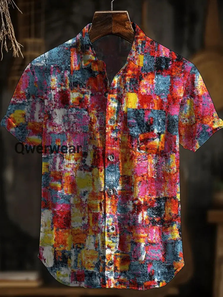 Men’s Retro Abstract Art Print Short Sleeve Pocket Shirt A / S