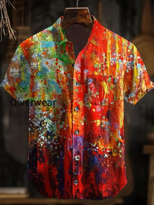 Men’s Retro Abstract Art Print Short Sleeve Pocket Shirt A / S