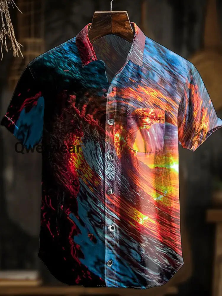 Men’s Retro Abstract Art Print Short Sleeve Pocket Shirt A / S