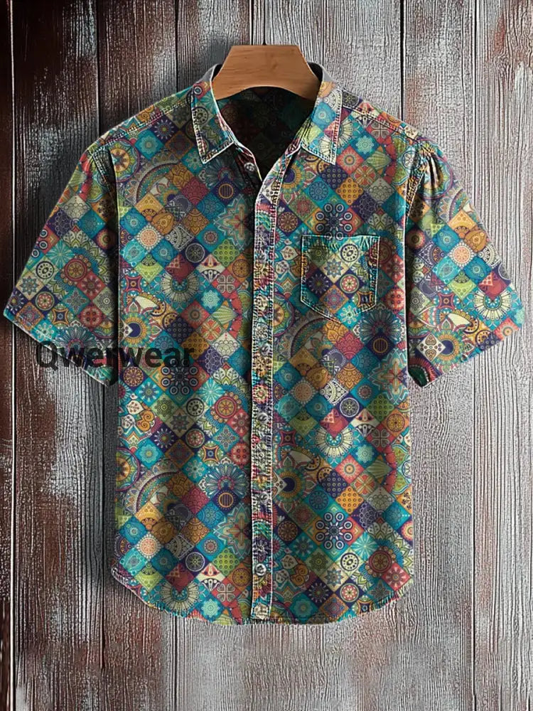 Men’s Retro Abstract Art Print Short Sleeve Pocket Shirt A / S Mens shirts