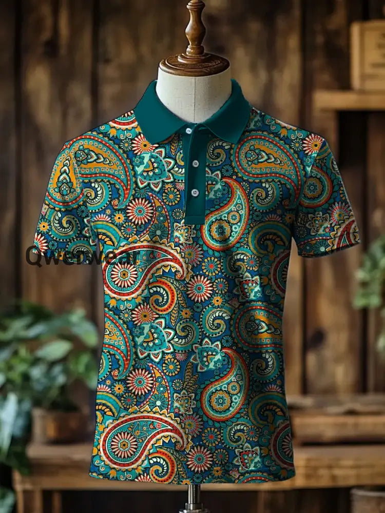 Men’s Retro Abstract Art Print Stand Collar Casual Polo Shirt A / S