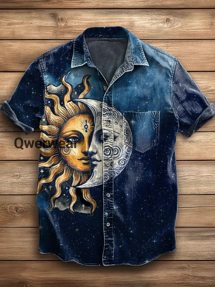 Men’s Retro Abstract Astrology Art Print Short Sleeve Pocket Shirt A / S